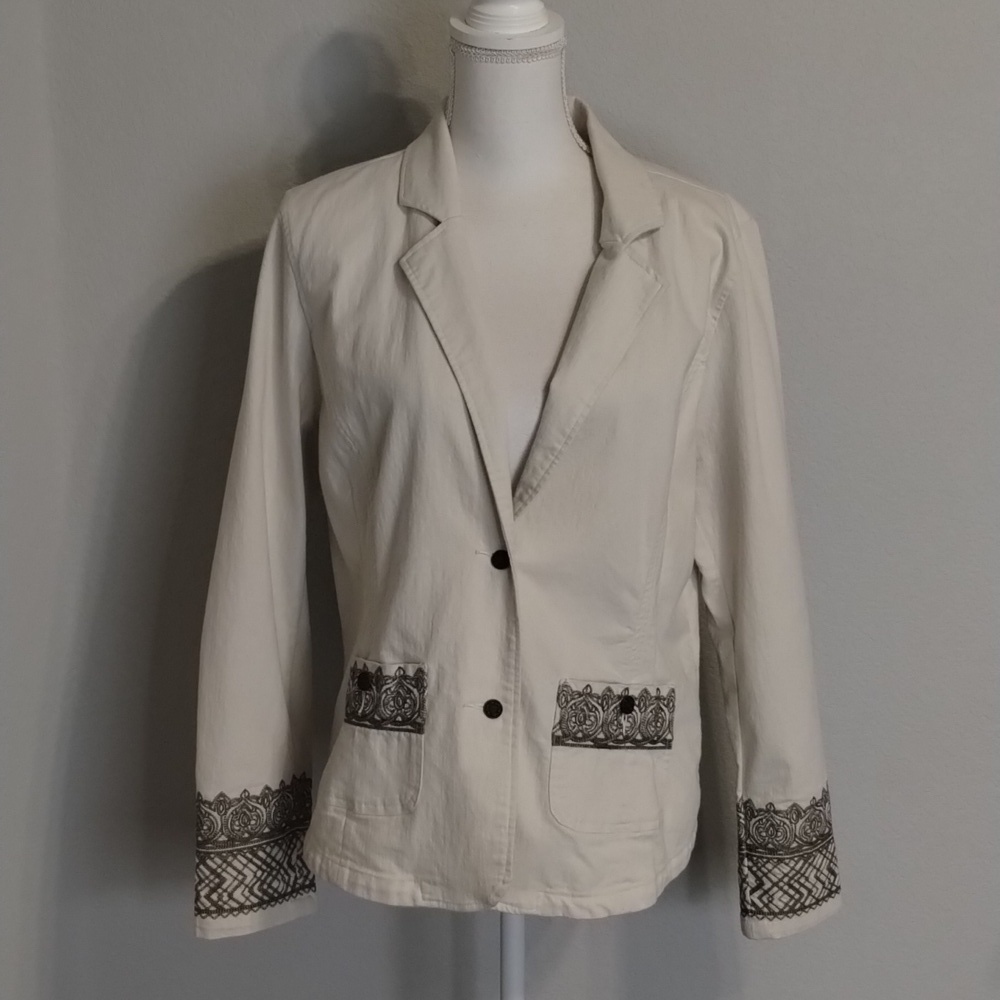 Christopher & Banks blazer jacket large brown embroidered stitching cream large